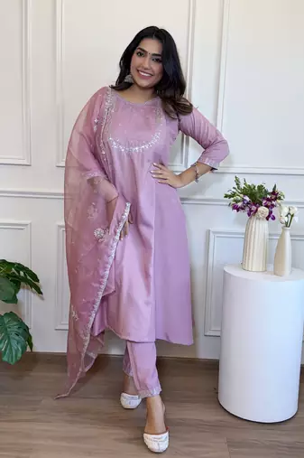 Lavender silk blend anarkali gown set with bottom & dupatta