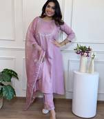 Lavender silk blend anarkali gown set with bottom & dupatta