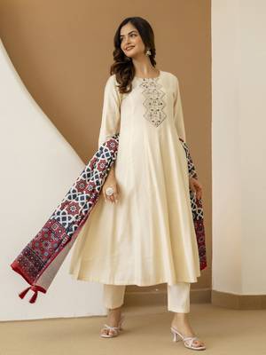 Art Silk Hand Work Embroidery Anarkali Kurta Pant with Printed Dupatta Set 1