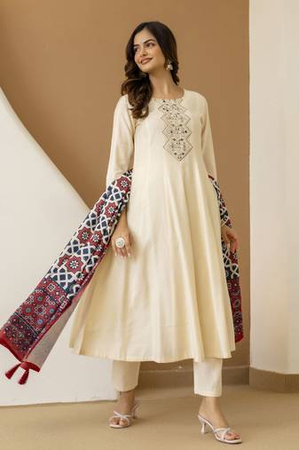 Art Silk Hand Work Embroidery Anarkali Kurta Pant with Printed Dupatta Set