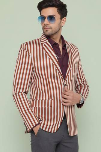 s/b collar two button round striped blazer for men (brown)