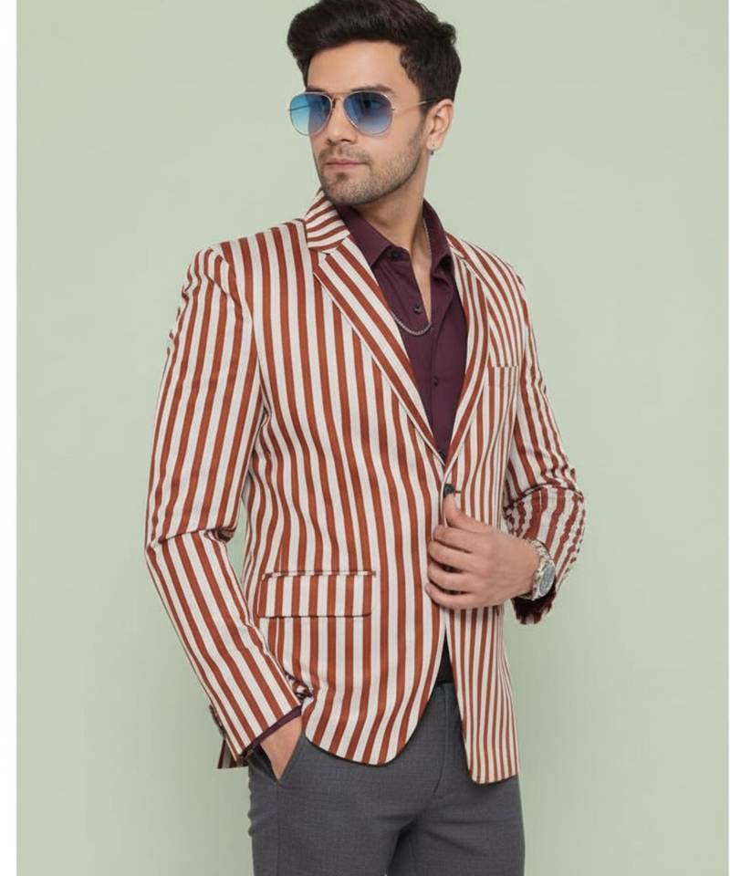 s/b collar two button round striped blazer for men (brown)