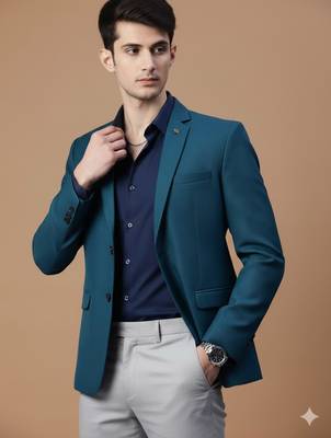 single-breasted regular fit deep sea blue blazer with lapel pin 1