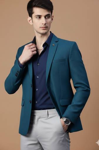Men's single-breasted regular fit deep sea blue blazer with lapel pin