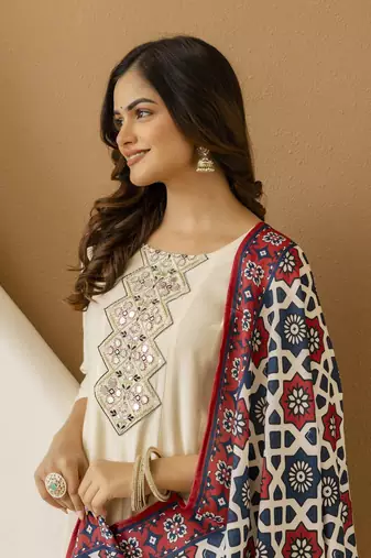 Trendmalls Art Silk Hand Work Embroidery Anarkali Kurta Pant with Printed Dupatta Set