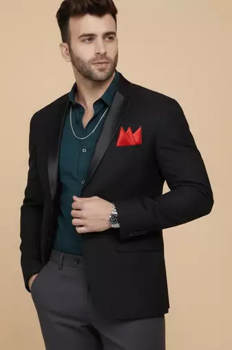 Black Plain Cotton Poly Blazer For Men