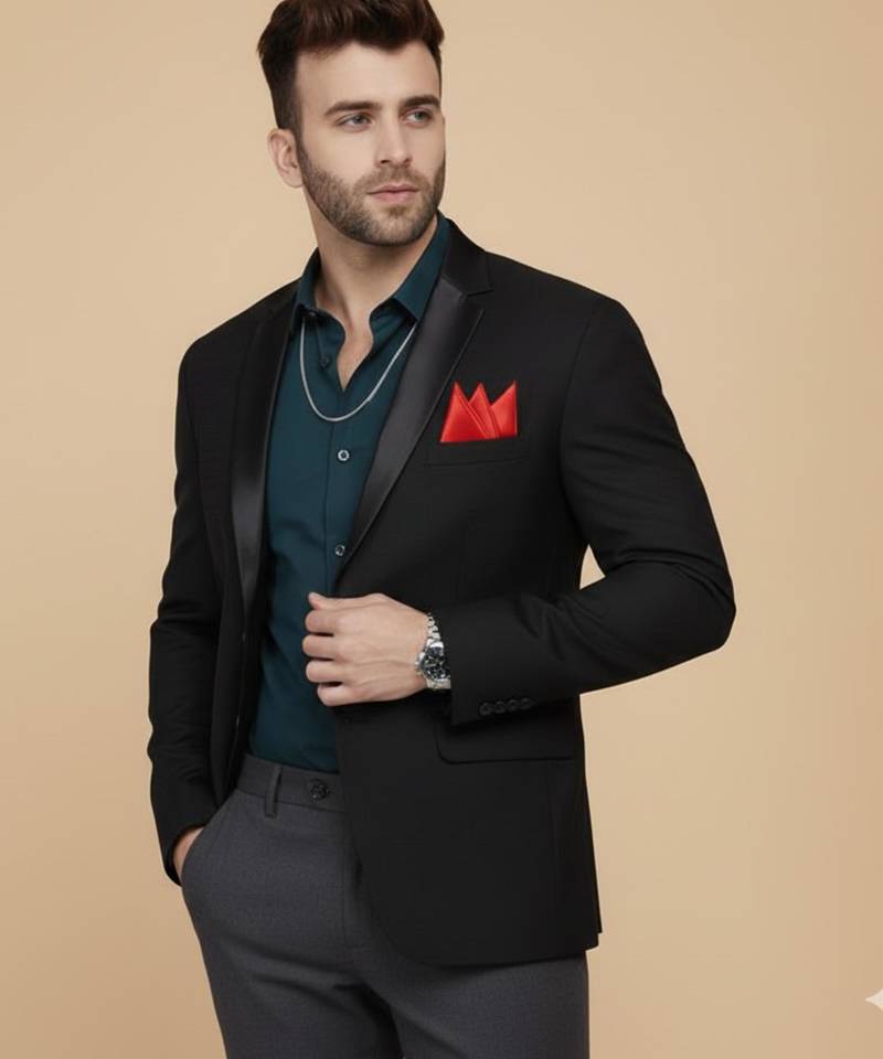 Black Plain Cotton Poly Blazer For Men