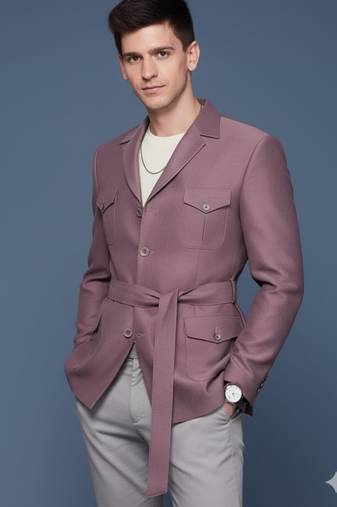 Men's lavender single-breasted slim-fit blazer with belted waist