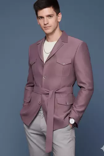 Men's lavender single-breasted slim-fit blazer with belted waist