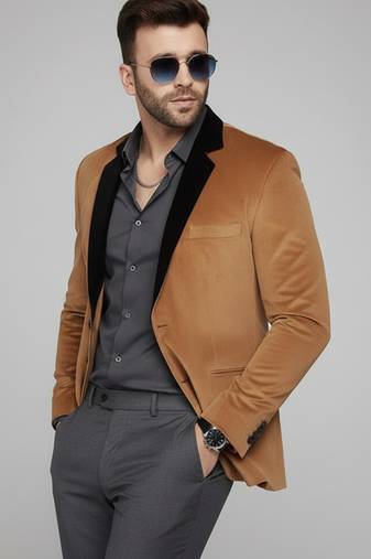 Brown Plain Velvet Blazer For Men