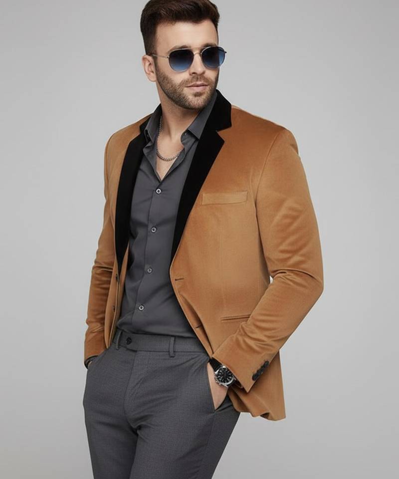 Brown Plain Velvet Blazer For Men