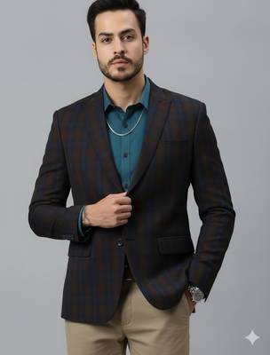 double-breasted regular fit navy blue blazer with brown checks 1