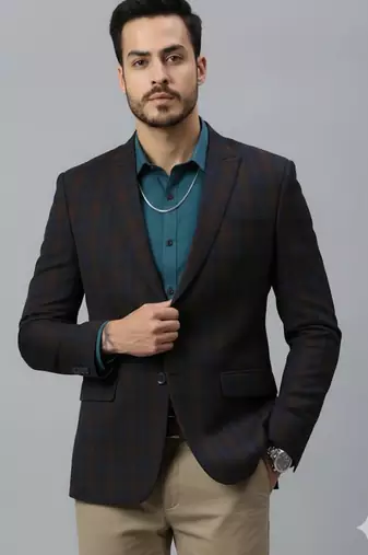 Men's double-breasted regular fit navy blue blazer with brown checks