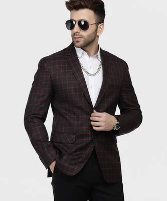 Black Printed Cotton Poly Checkered Blazer For Men 1