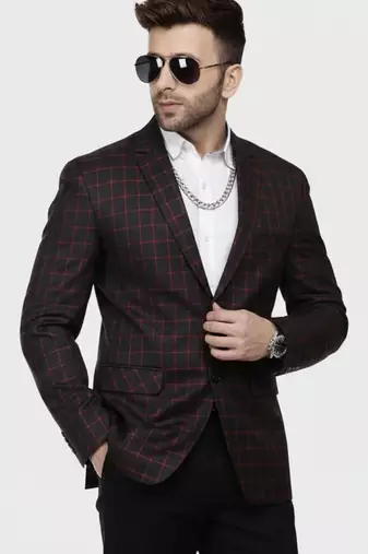 Black Printed Cotton Poly Checkered Blazer For Men