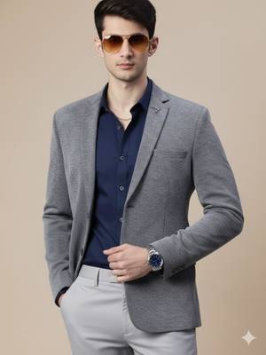 grey single-breasted regular fit blazer in premium knitted fabric with lapel pin 1