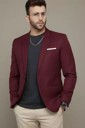 Maroon Plain Cotton Poly Blazer For Men