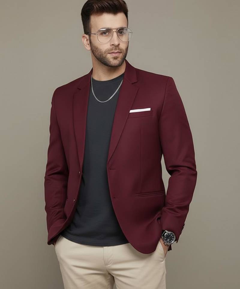 Maroon Plain Cotton Poly Blazer For Men