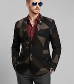 Men's black knitted single-breasted slim-fit blazer with brown geometric print