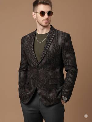knitted single-breasted slim-fit black blazer with leaf and stripe print 1