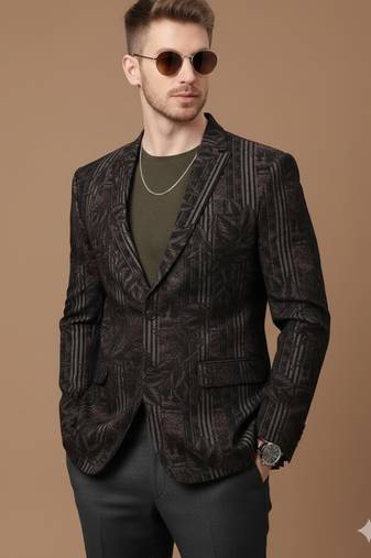 knitted single-breasted slim-fit black blazer with leaf and stripe print