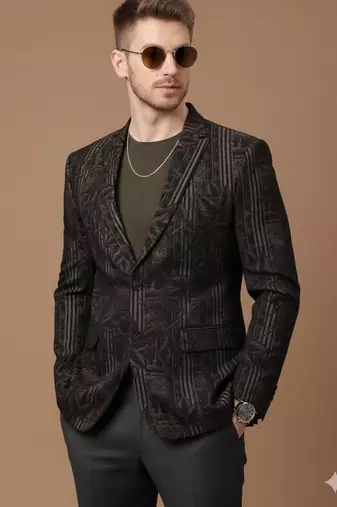 Men's knitted single-breasted slim-fit black blazer with leaf and stripe print