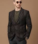 knitted single-breasted slim-fit black blazer with leaf and stripe print