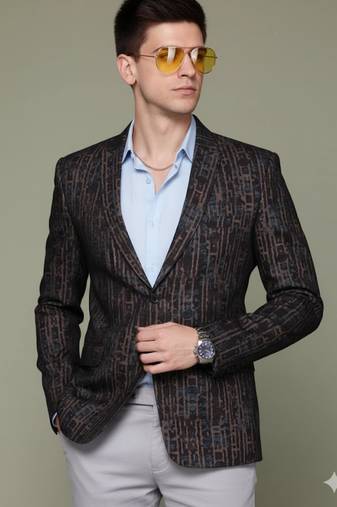 Men's knitted single-breasted slim-fit brown abstract print blazer