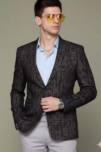 Men's knitted single-breasted slim-fit brown abstract print blazer