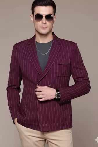 Men's double-breasted slim-fit maroon blazer with white stripes