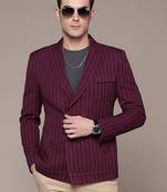 double-breasted slim-fit maroon blazer with white stripes