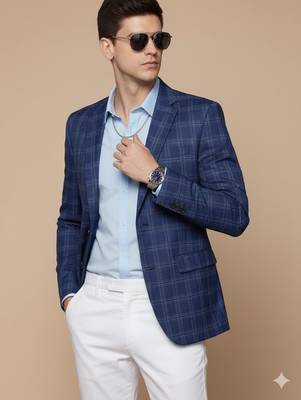 blue single-breasted slim-fit blazer with white checks 1