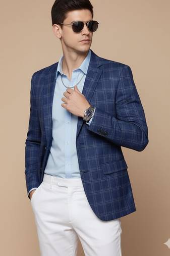 Men's blue single-breasted slim-fit blazer with white checks