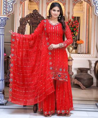 Women Red Sequinned Embroidered Georgette Kurta with Sharara & Dupatta 1