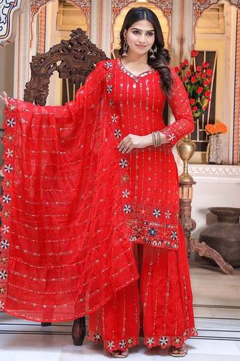 Women Red Sequinned Embroidered Georgette Kurta with Sharara & Dupatta