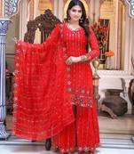 Women Red Sequinned Embroidered Georgette Kurta with Sharara & Dupatta