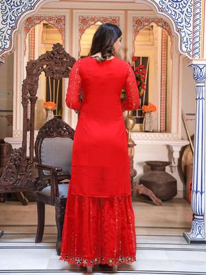 Women Red Sequinned Embroidered Georgette Kurta with Sharara & Dupatta 2