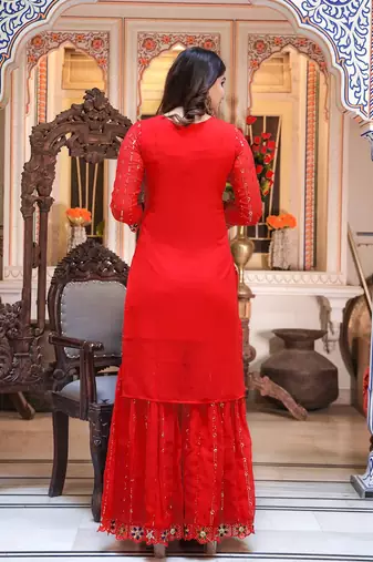 Women Red Sequinned Embroidered Georgette Kurta with Sharara & Dupatta