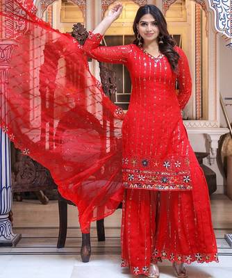 Women Red Sequinned Embroidered Georgette Kurta with Sharara & Dupatta 3