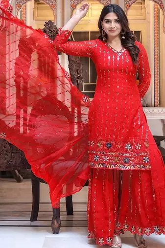 Women Red Sequinned Embroidered Georgette Kurta with Sharara & Dupatta