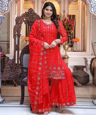 Women Red Sequinned Embroidered Georgette Kurta with Sharara & Dupatta 4
