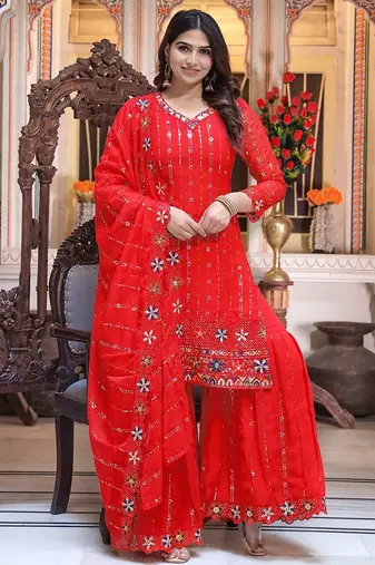 Women Red Sequinned Embroidered Georgette Kurta with Sharara & Dupatta