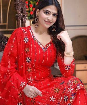 Women Red Sequinned Embroidered Georgette Kurta with Sharara & Dupatta 5
