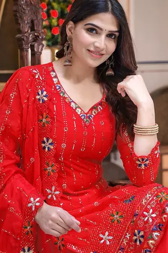 Women Red Sequinned Embroidered Georgette Kurta with Sharara & Dupatta