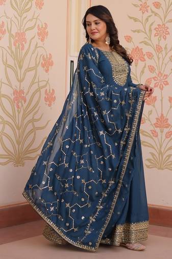 Teal georgette sequins zari embroidered Anarkali kameez with dupatta
