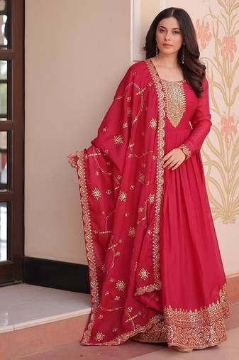 Pink georgette Anarkali with dupatta