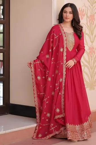 Pink georgette Anarkali with dupatta