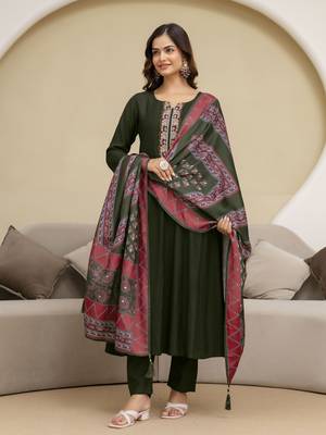 Art Silk Hand Work Embroidery Anarkali Kurta Pant with Printed Dupatta Set 1