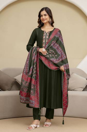 Art Silk Hand Work Embroidery Anarkali Kurta Pant with Printed Dupatta Set