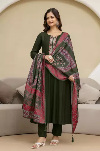 Art Silk Hand Work Embroidery Anarkali Kurta Pant with Printed Dupatta Set